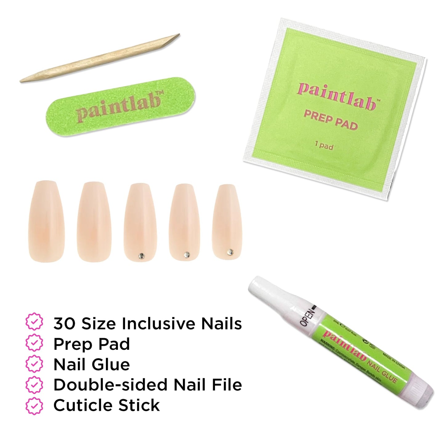 PaintLab Press On Nails - Gradient Nude (With Diamonds) Coffin Fake Nails, 30 Nails in 15 Sizes with Glue, Reusable Salon Quality Press On Nails