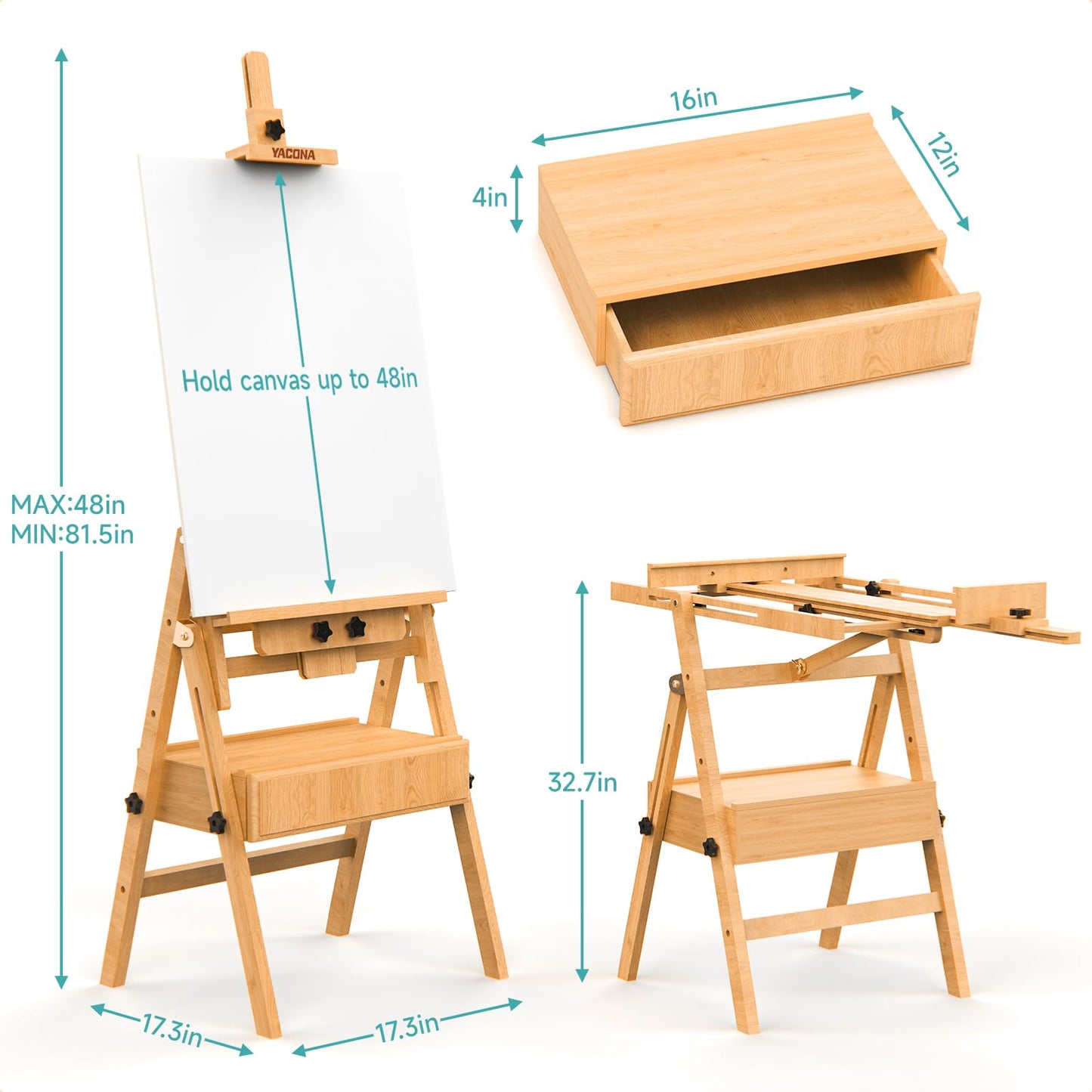 Large Wood H-Frame Easel with Storage Drawer, Foldable Art Painting Easel for Adults and Students, Adjustable Artist Easel Stand for Painting and Display, Holds Canvas Art up to 48"