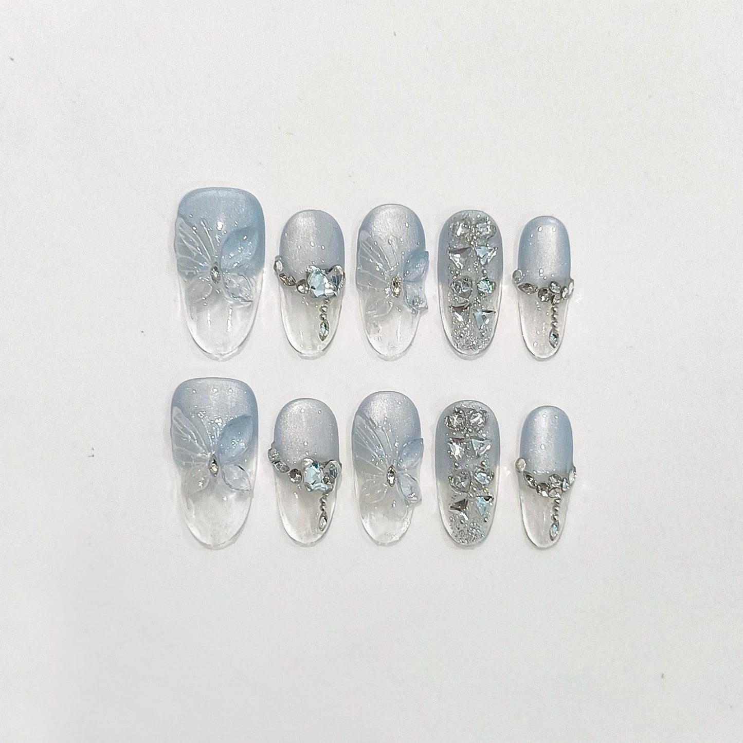 TENPAL Cat Eye Press on Nails 10Pcs Full Kit - Short Oval Icy Ocean Gradient False Nails, 3D Butterfly Rhinestone Spring Summer Fake Nails, Ethereal Glue on Nails for Girls Glitter Shimmer Design(M)