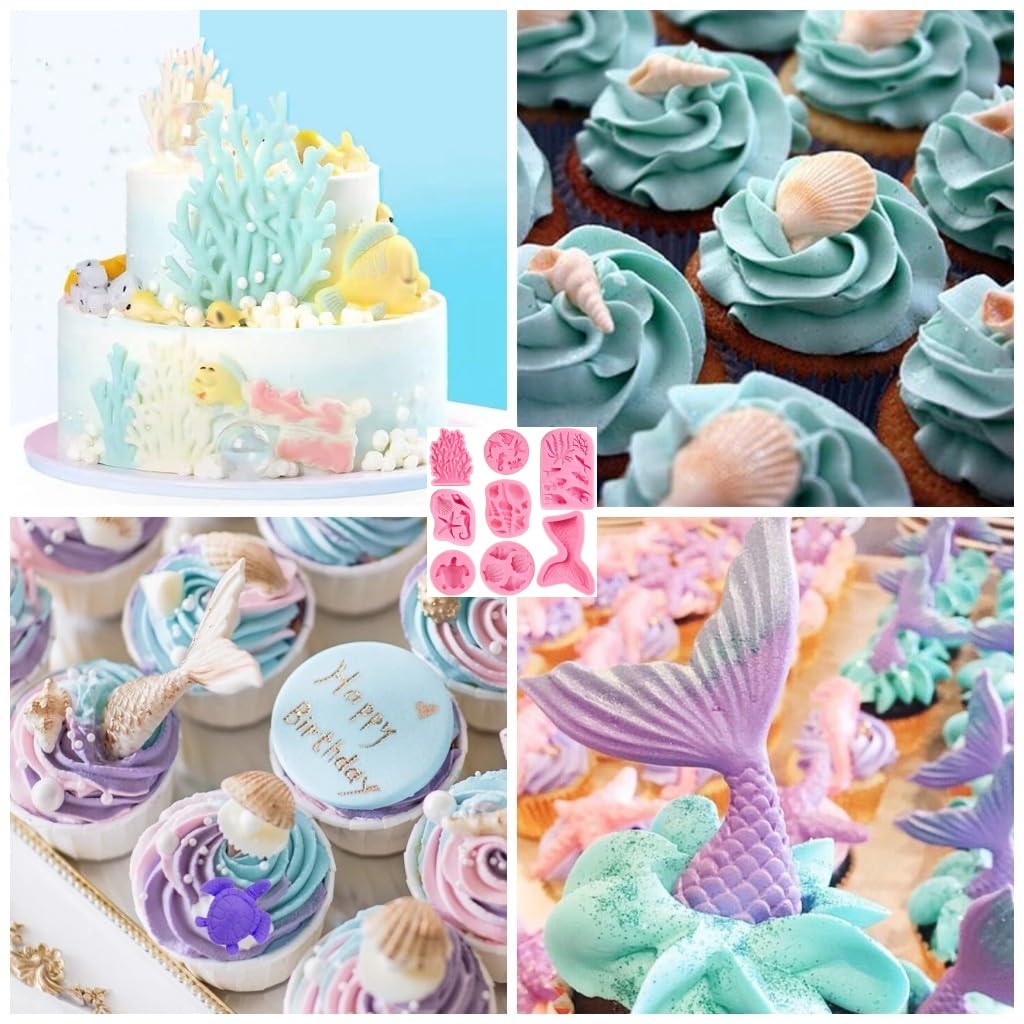 8 PCS Marine Theme Fondant Silicone Mold Seashell Seaweed Sea Fish Coral Conch Sea Turtle Shape DIY Handmade Baking Tools for Cake Cookie Chocolate Candy Decoration Crafts Polymer Clay