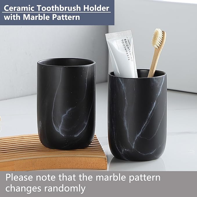 Black Marble Toothbrush Holder - Ceramic Toothbrush Holders for Bathrooms Toothbrush Toothpaste Holders Set, Black Bathroom Tumbler Cups Reusable Toothbrush Mouthwash Cup, Bathroom Counter Organizer.