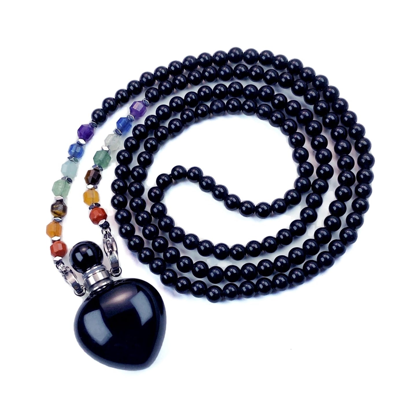 EDEN'S CALL Black Obsidian Crystal Heart Perfume Bottle Pendant Necklace, 7 Chakra Crystal Bead Aromatherapy Diffuser Pendant Jewelry Gifts for Women