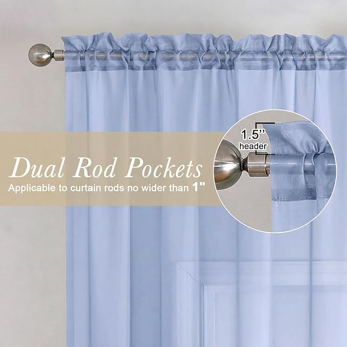 Lecloud Denim Blue Sheer Curtains 72 Inches Long 2 Panels, Rod Pocket Light Filtering Curtains for Living Room Bedroom Dining Room, Voile Farmhouse Solid Drapes for Windows, Each Panel 42" W x 72" L