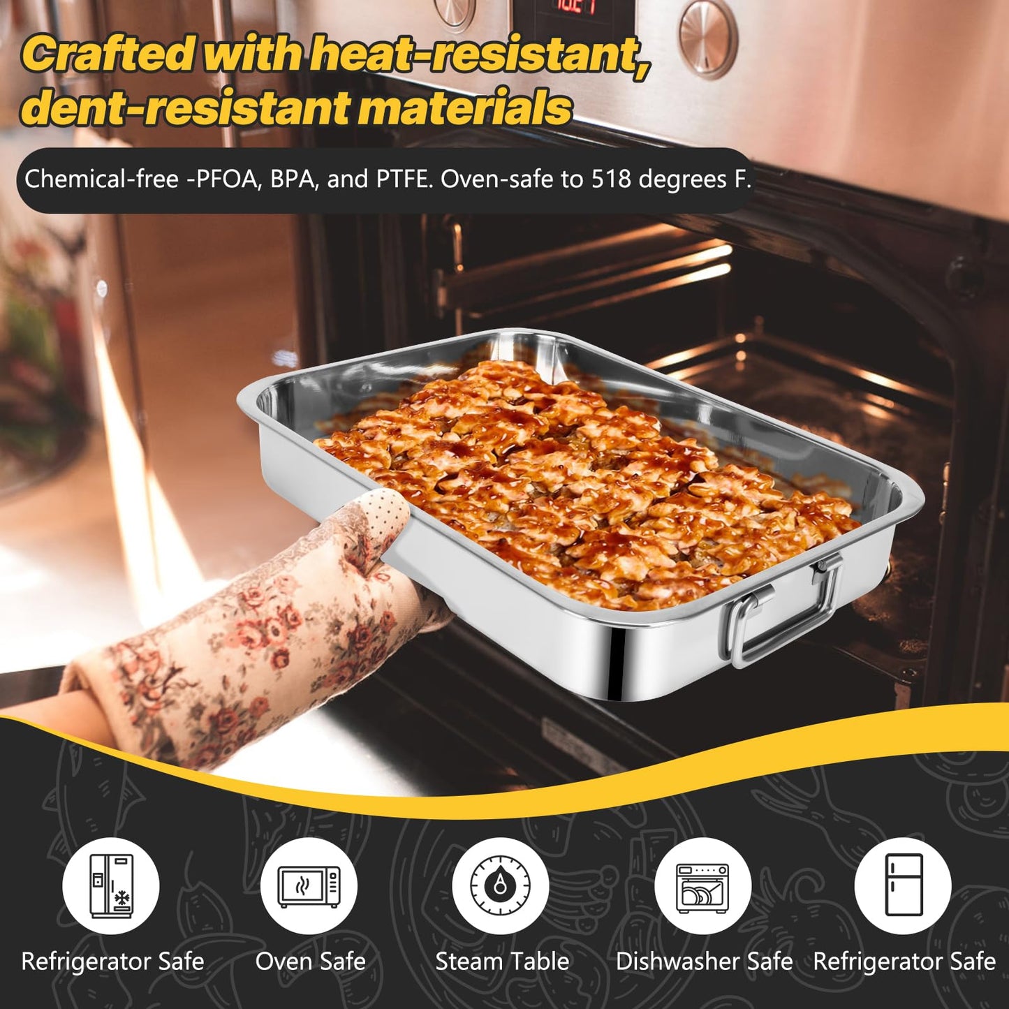 2 Pcs 12.7"15.5" Stainless Steel Roasting Pans with Handles, Baking Pan for Oven with 2 Pcs Flat Racks, Heavy Duty, Dishwasher Safe Rectangular Lasagna Pan with Handles for Turkey Chicken, Silver