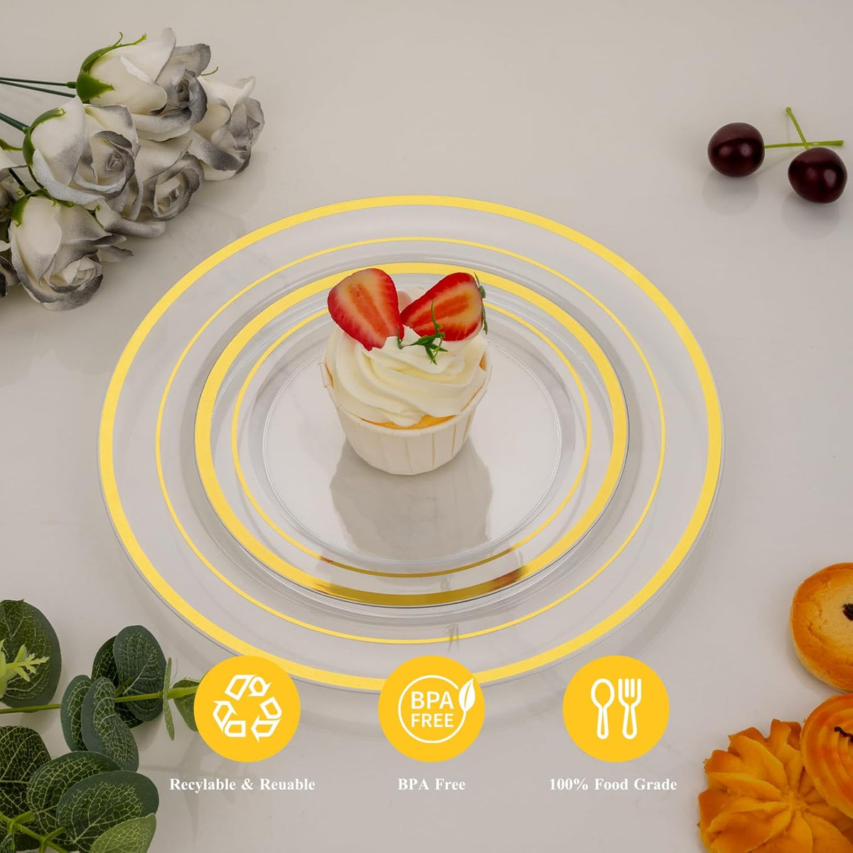 Goodluck 200PCS Clear Gold Plastic Plates, Heavy Duty Disposable Clear Plates with 100 10.25 inch Dinner Plates and 100 7.5 inch Dessert Plates for Party, Holiday, Wedding, Thanksgiving
