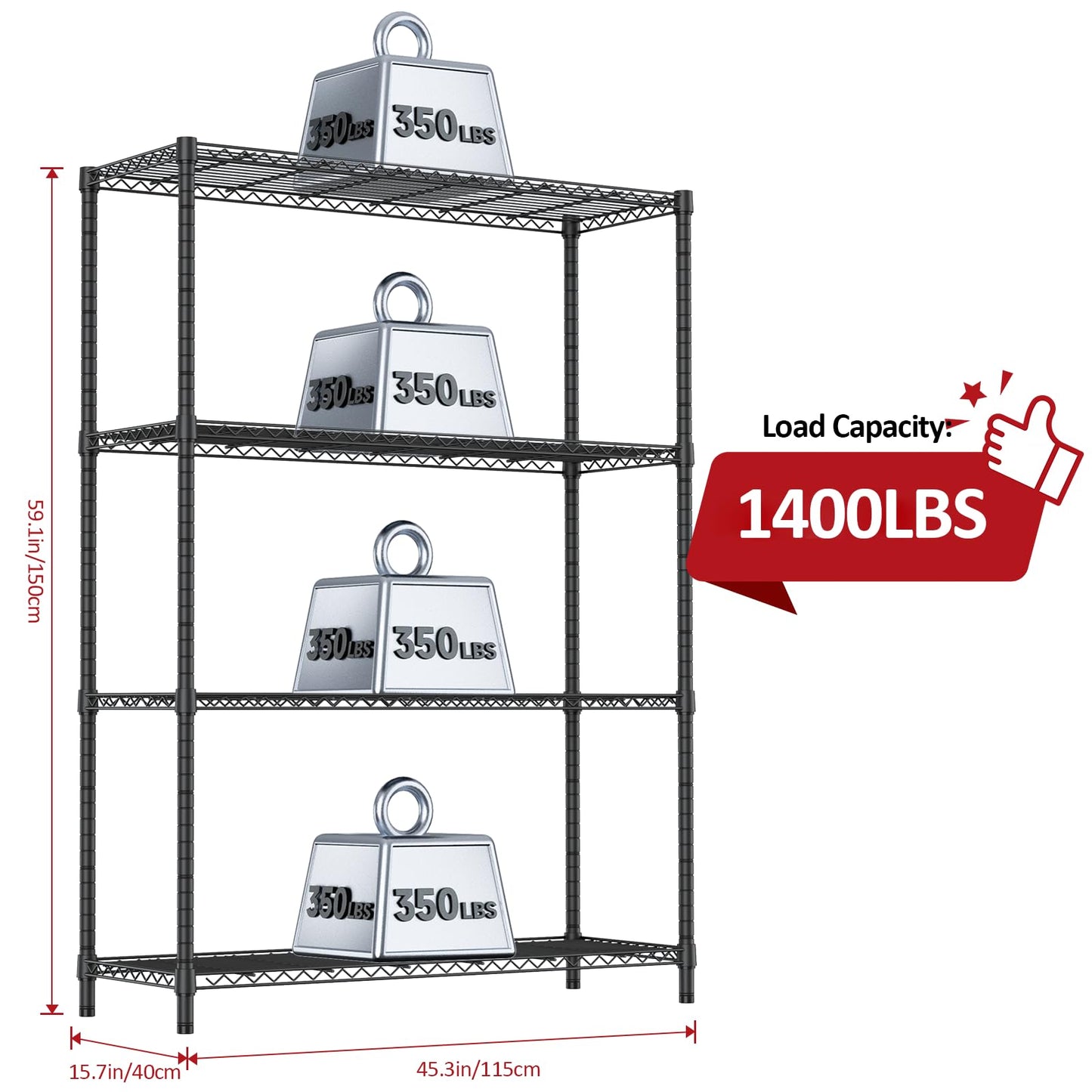 IZEUK 1400 LBS Garage Black Shelving Wide Storage Shelves 4 Tier Adjustable Heavy Duty Metal Wire Rack Standing Shelf Unit for Kitchen Office College Dorm Garage Warehouse 15.8" x 45.8"x 59.4"