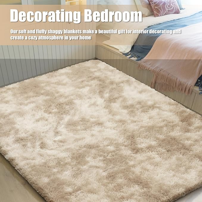 Shag Area Rug for Bedroom 4x6,Fluffy Area Rugs for Living Room,Soft Fuzzy Rug Non-Shedding Indoor Plush Carpet for Kids Bedroom Nursery Dorm Home Decor,Tie-Dyed Beige