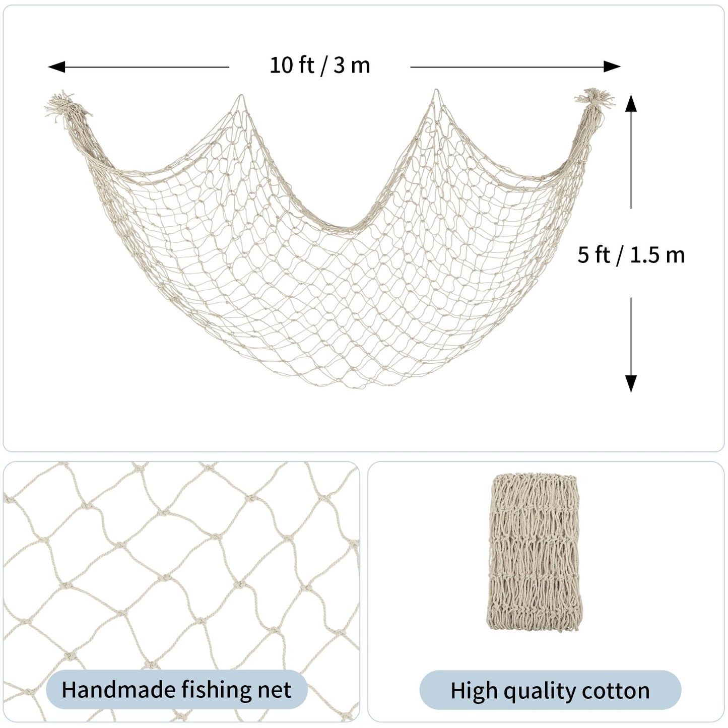 Patioland Decorative Fishing Net 2 Pack, 5x10 ft Large Beige Fish Net Decor for Wall, Photo Display, Nautical Mermaid Pirate Ocean Themed Beach Hawaii Under the Sea Party Decorations