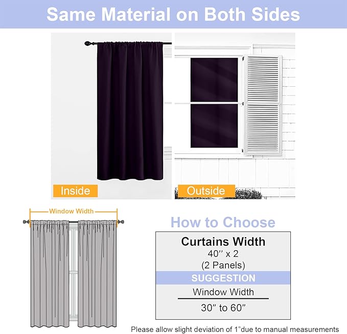 Simplebrand Ava BlackBerry Short 36 Inches Blackout Curtain 2 Panels Set, Half Window Rod Pocket Privacy Curtain Tiers for Kitchen, Curtains Blackout for Bathroom Shades, W40 x L36 Inch, BlackBerry