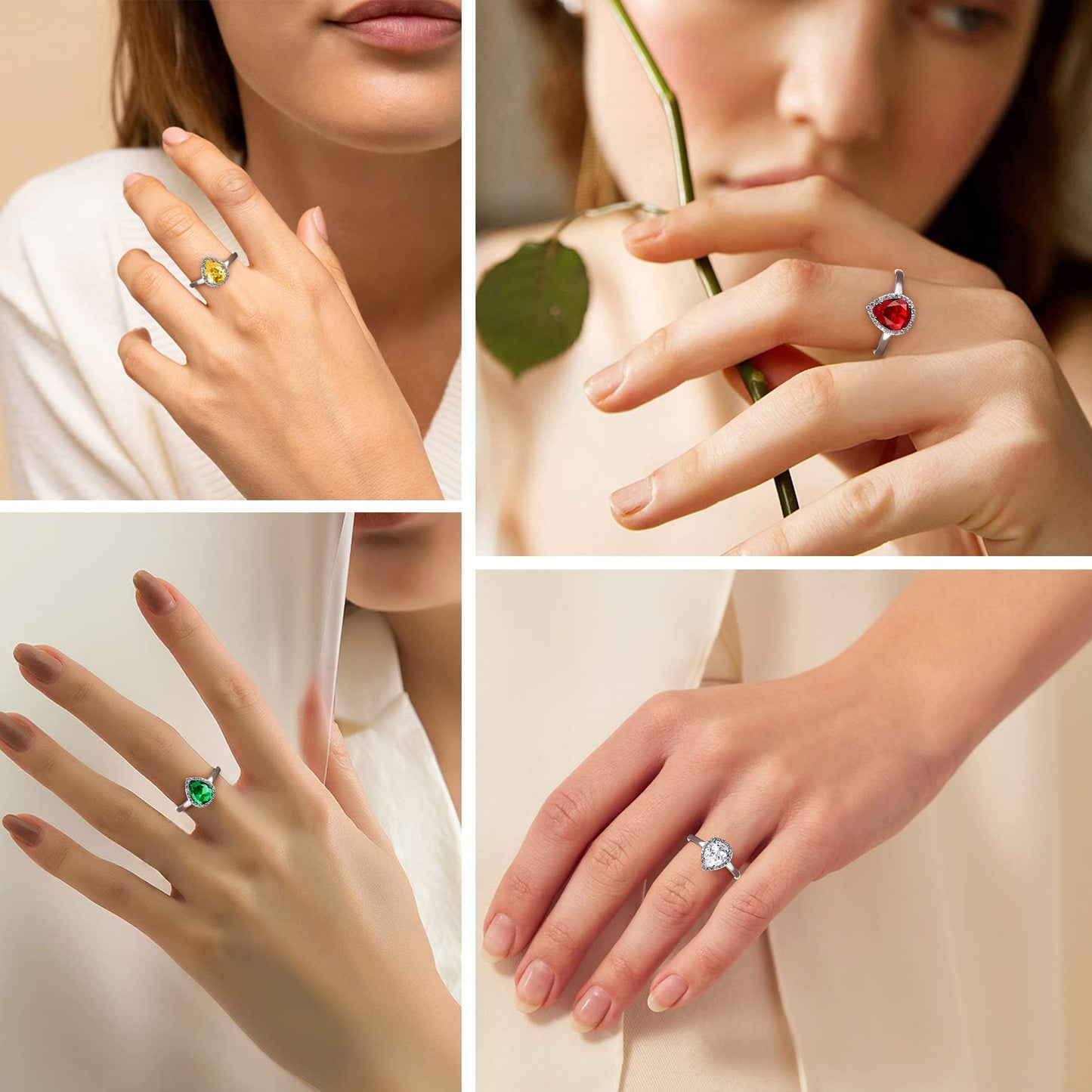 Bestyle Teardrop May Emerald Birthstone Rings Embellished with White Cubic Zirconia Minimalist Sterling Silver Open Band Gemstone Rings for Birthday/Christmas/Party/Anniversary/Wedding