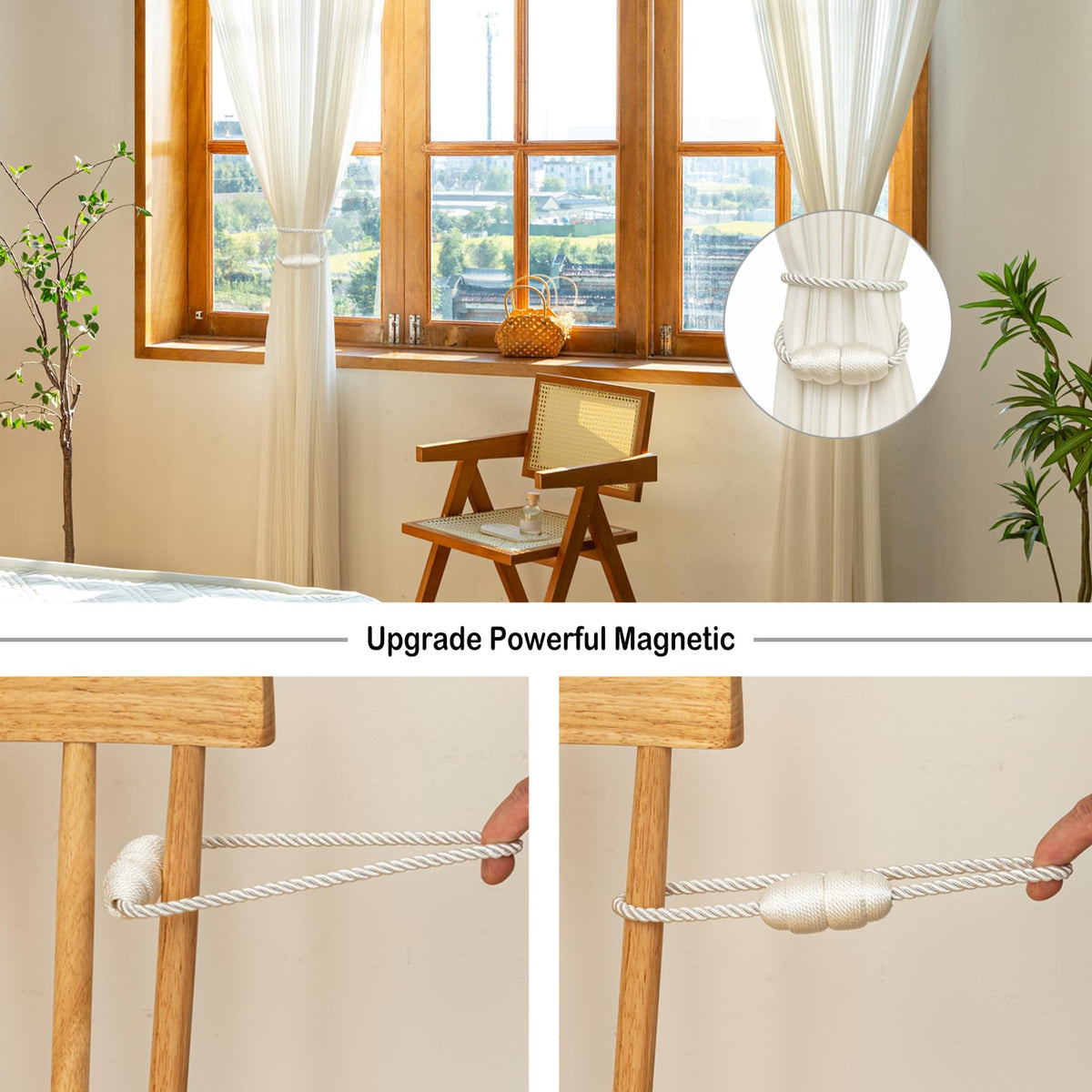 Magnetic Curtain Tiebacks Rope Curtain Tie Backs for Curtains 4 Pack Curtain Holders for Drapes Decorative Window Curtain Holdbacks (4 Count)