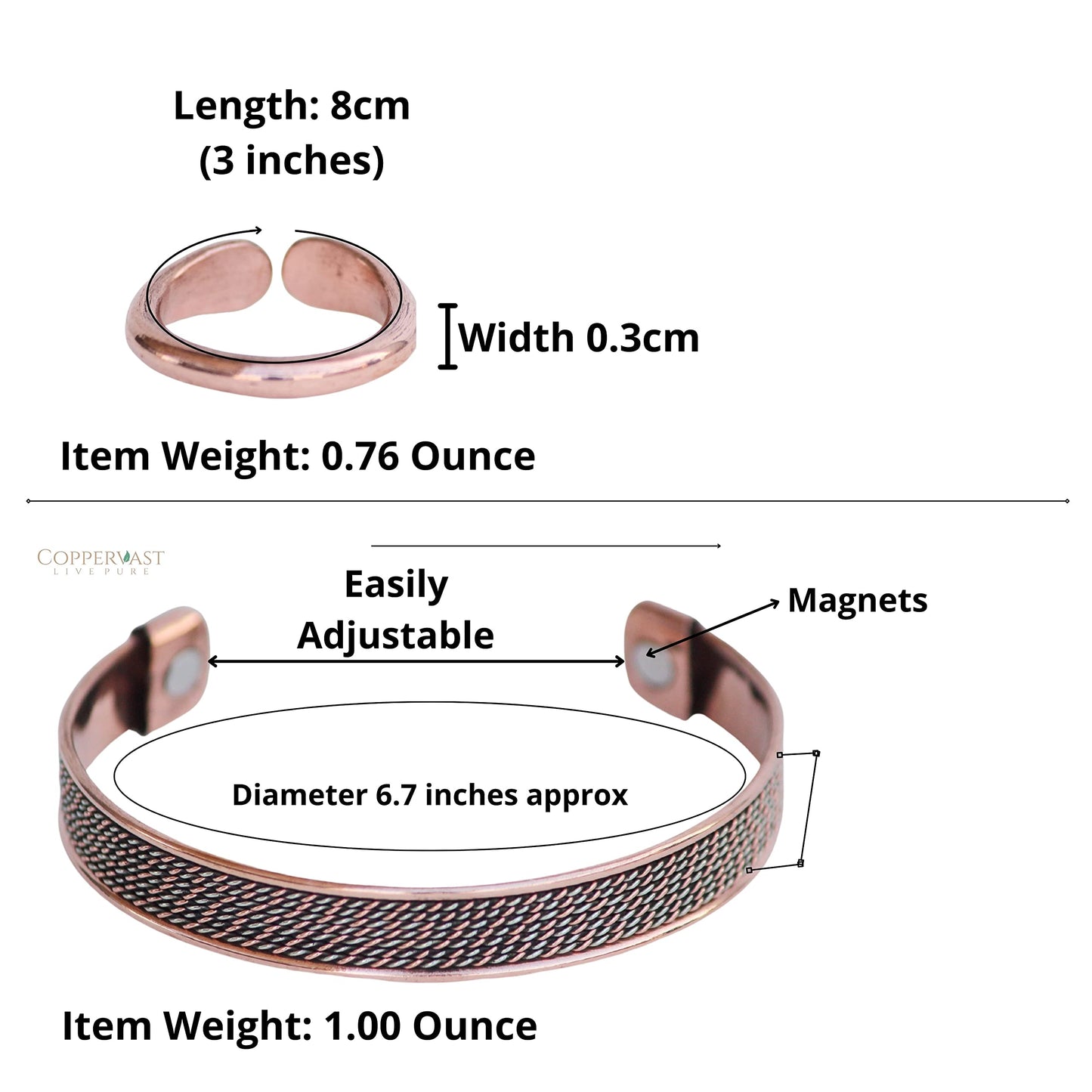 Coppervast Pure Copper Bracelet & Ring Set – Adjustable Handmade 99.99% Solid Copper Jewelry for Men & Women | Elegant Copper Cuff Bracelets & Ring Gift for Men and Women