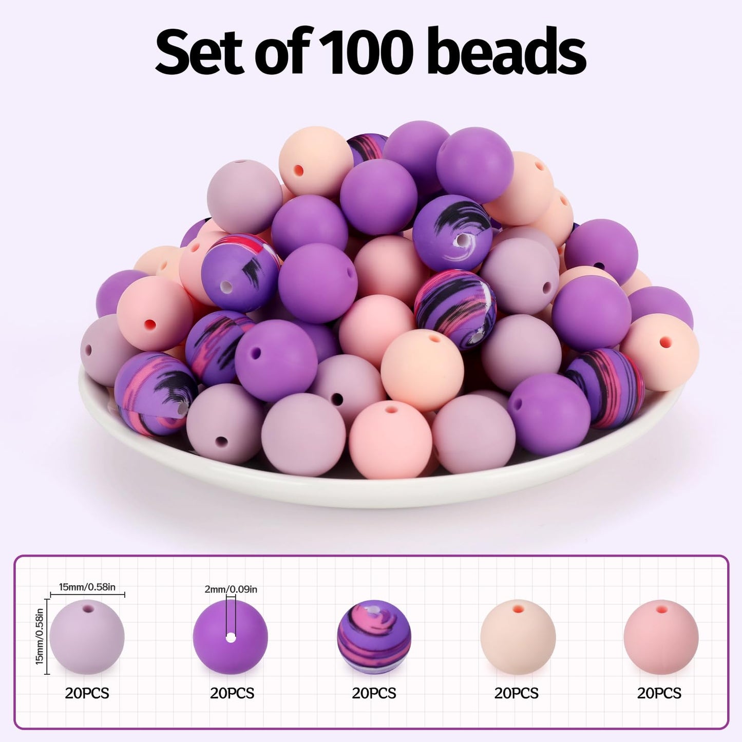 SALUOKE 100 Pcs 15mm Silicone Beads for Keychain Making, Pink Gream Silicone Beads Bulk Round for Bracelets Pens Crafts Jewelry Making (Pink Purple)