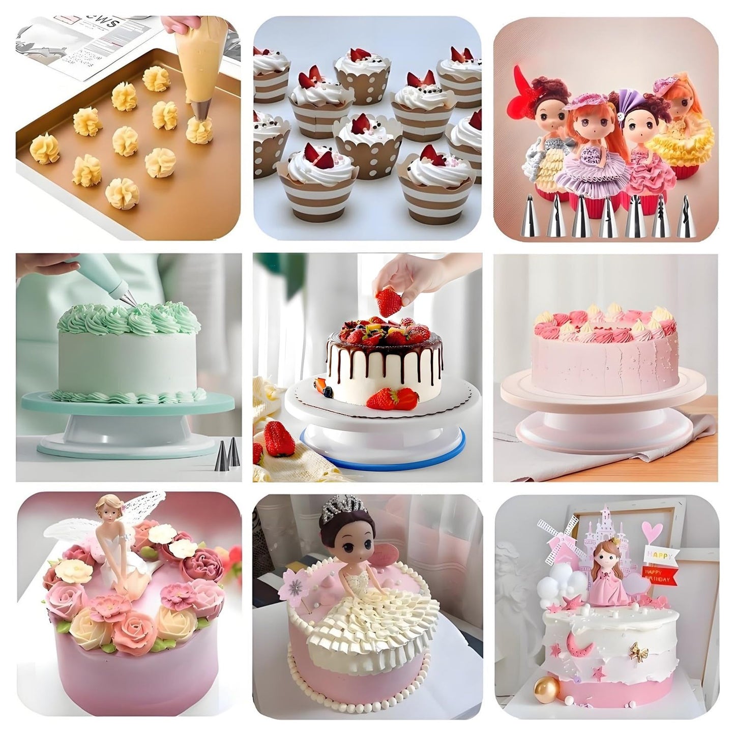 YOQXHY Cake Decorating Kit, 390 Pcs Baking Supplies Tools with Cake Turntable, Leveler, 55 Numbered Icing+Skirt Tips, 2 Spatulas, 3 Scrapers, 100 Pastry Bags,150 Cupcake Liners & More, (Pink)