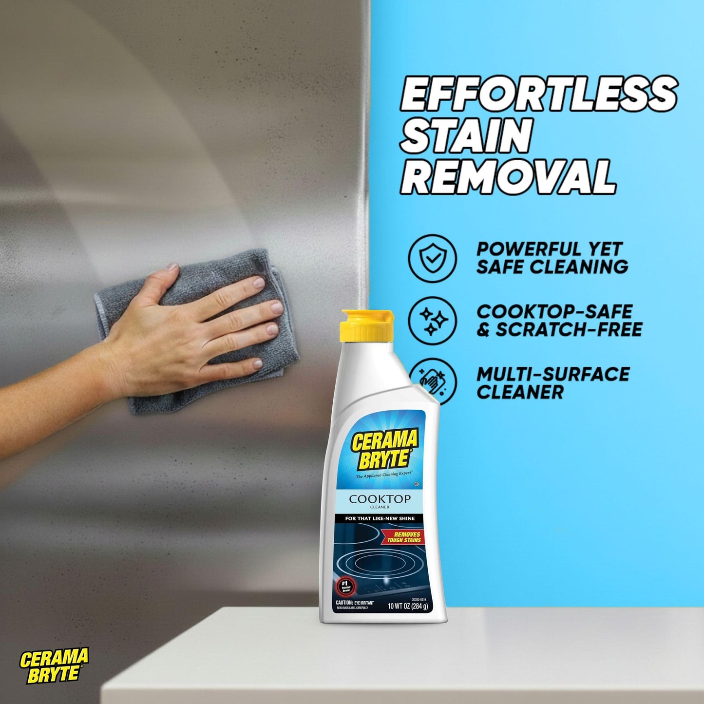 Cerama Bryte Glass Cooktop and Stove Top Cleaner Combo Kit - Includes Cleaning Tool, Razor, Scraper and 3 Pads to Remove Tough Stains - Use on Gas, Electric, Ceramic Surfaces, 10 Ounces, 6 Piece