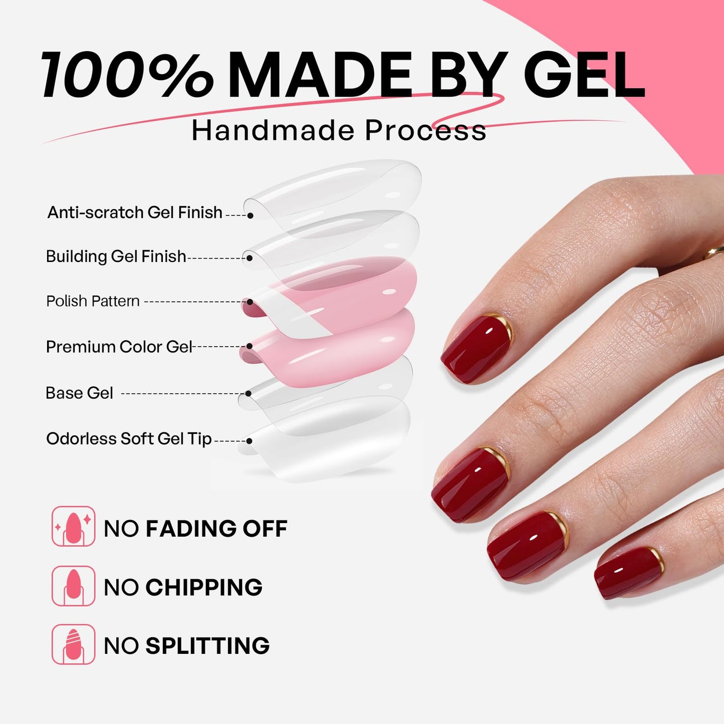 Red Press On Nails with Designs - GJZEZ Soft Gel Glossy Square Nails Press ons with Gold Cuffs French Tip, Salon Quality Fake Nails for Women, 16 Sizes - 32 pcs Long Lasting Reusable Nails, Gold End