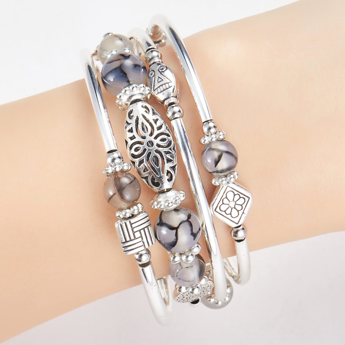 BULINLIN Layered Wrap Bangle Turquoise Bracelet - Bead Bracelet with Natural Agate Stone, Gifts For Women (03-Grey leopard)
