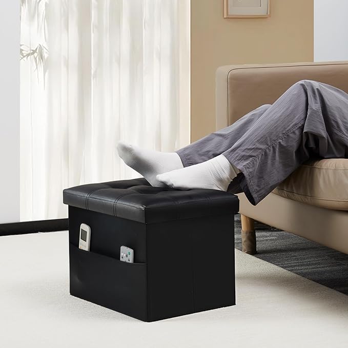 Storage Ottoman Foot Rest Stool, Small Leather Storage Ottomans Bench, Folding Footstool with Side Pockets, Foot Rest Under Desk for Living Room Bedroom, 17x13x13 in, Black