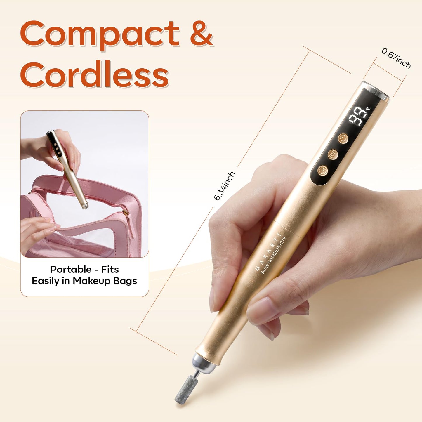 Makartt Pen-Shaped Rechargeable Nail Drill for Beginners: 25,000 RPM Cordless Electric Nail File with 5-Speed LED Display, Lightweight Quiet E File Kit for Gel Polish Removal, Home Travel Use(Gold)