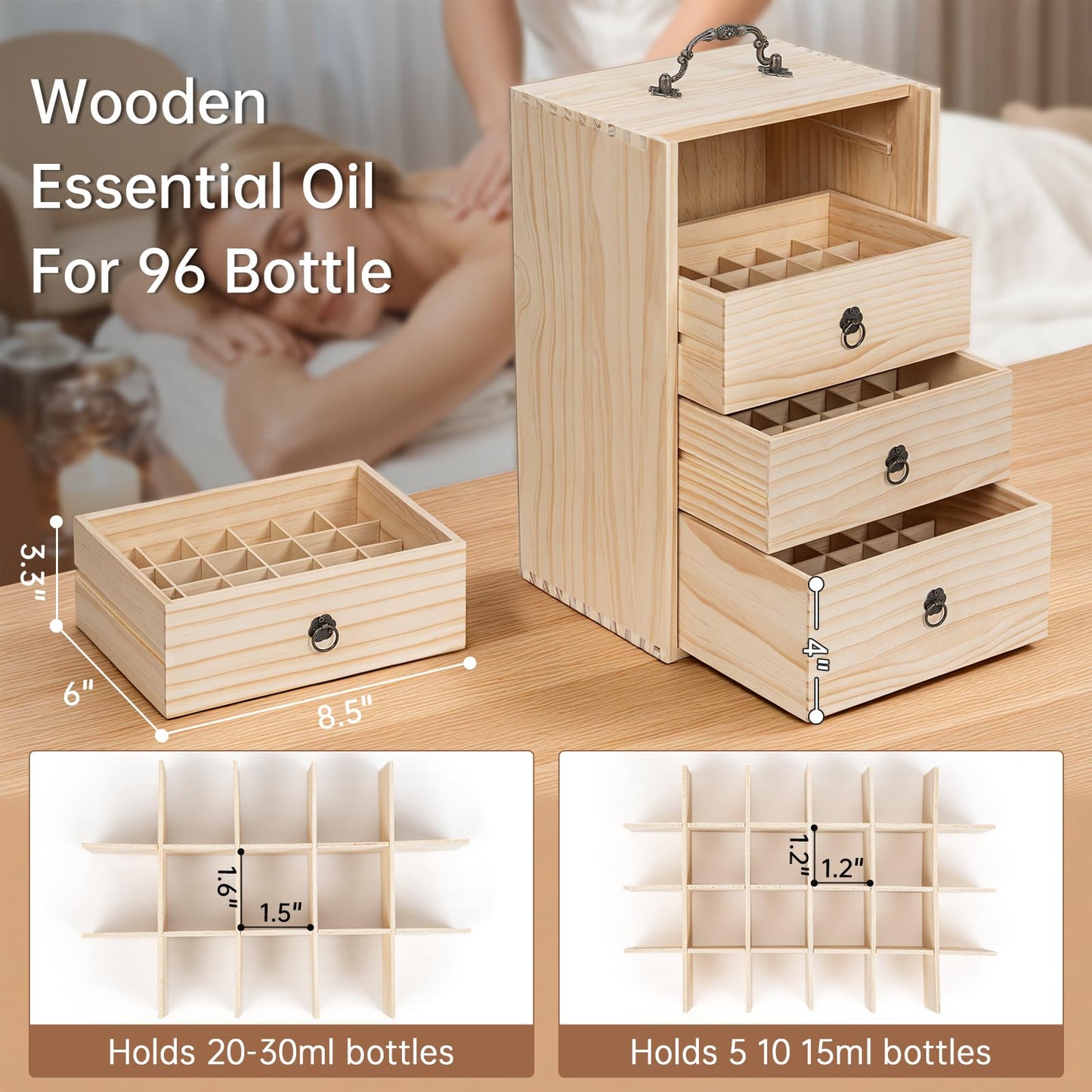 TORIBIO Essential Oil Storage Box for 96 Bottles, Wooden Essential Oils Holder Organizer Holds 5-30ml for Young Living & Doterra Bottles