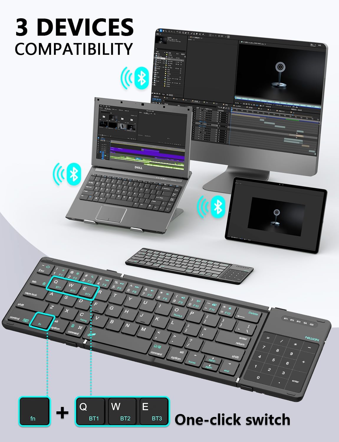 Nillkin Foldable Keyboard with Touchpad, Bluetooth Keyboard with Number Pad, Full Size Keys, Large Trackpad Small Travel Portable Keyboards for iPad Laptop PC Tablets -Black