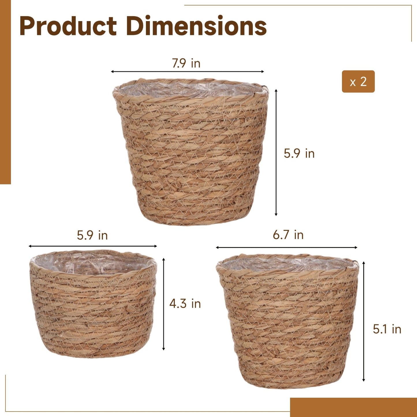 6 Pcs Plant Baskets Indoor with Plastic Liners, Wicker Hand Woven Plant Baskets, Flower Pots Storage Containers in 3 Sizes, Decorative Planters for Home, Balcony, Office