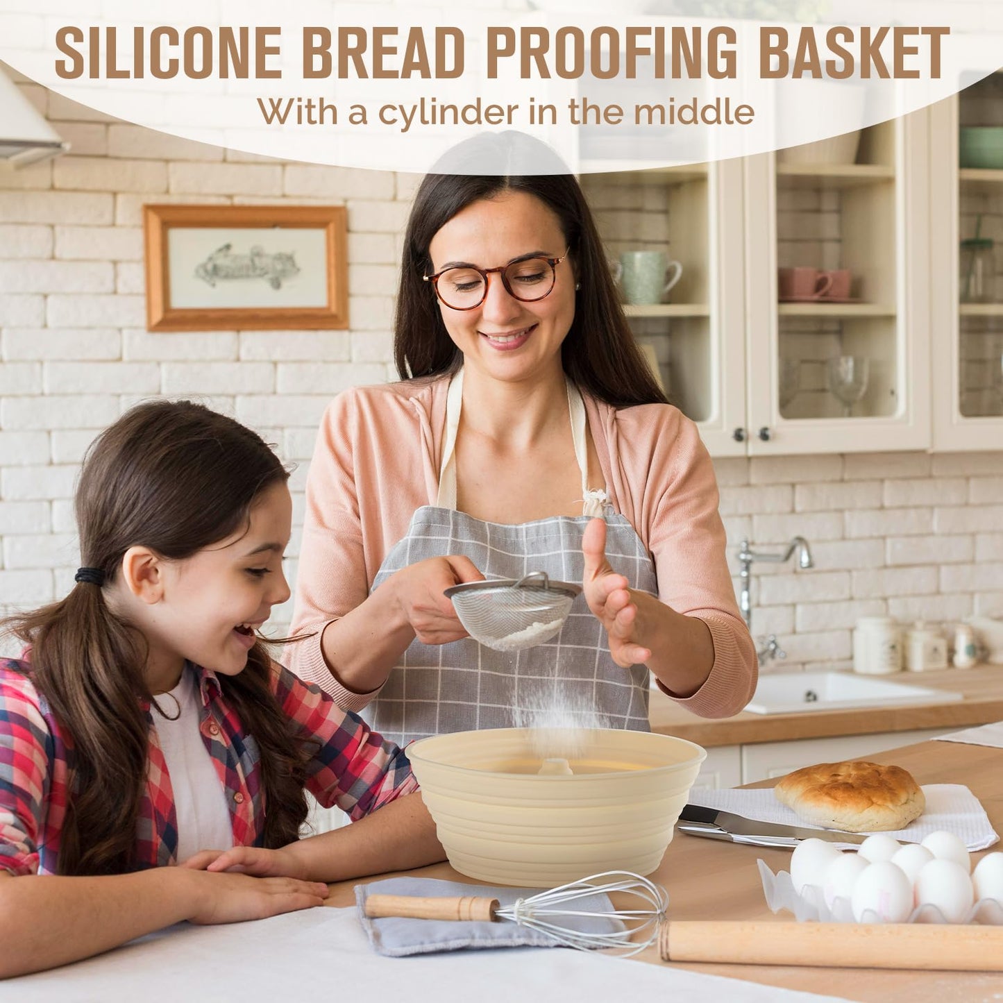 Silicone Bread Proofing Baskets, Collapsible Sourdough Baskets with Central Column, Non-Stick Round Dough Bowl, Oven & Dishwasher Safe (Beige, 9.2"L x 3.6"H)
