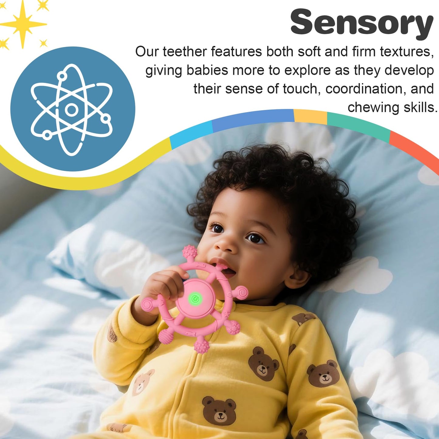 YOFUN 3-Speed Vibrating Baby Teether – Soothing Silicone Teething Toy for Infants 3M+, Food-Grade, USB Rechargeable – Soft & Safe Gum Relief for Babies (Pink)