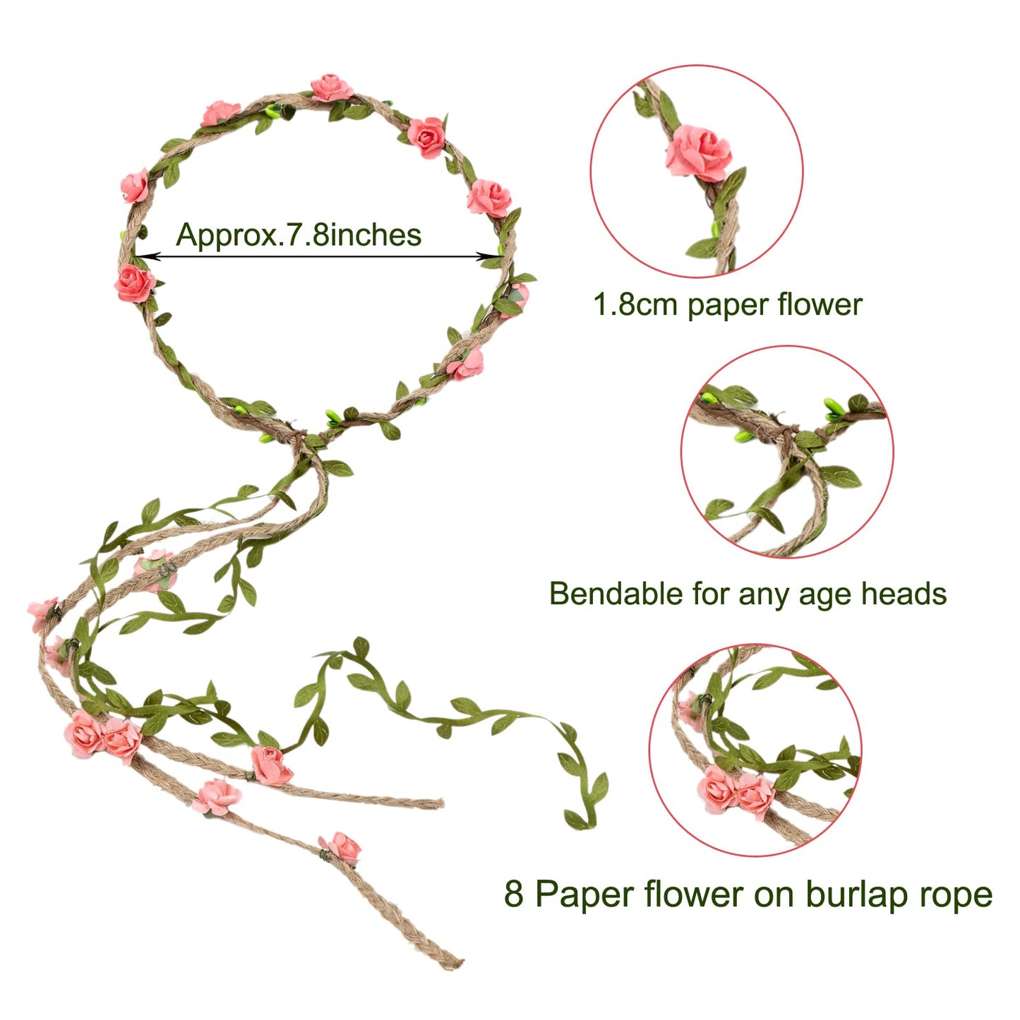 HOPEANT 12PCS Multicolor Flower Crown Floral Headband Wreath Garland Headbands, 16 Pieces Flowers Tie on Ratton and Hemp Rope,Unique Design for Women Wedding Party Photo Props