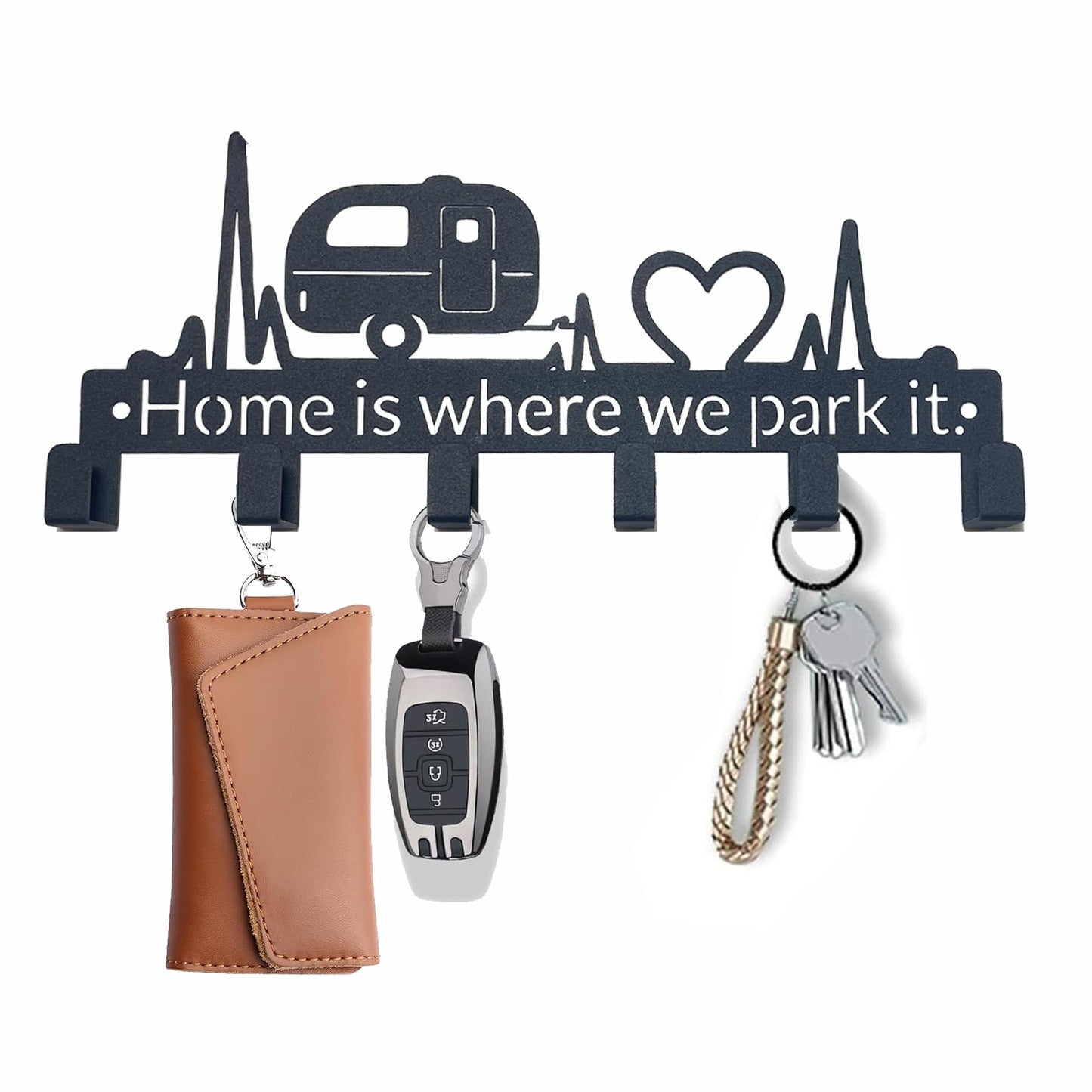 Msimplism.D Key Holder Wall Mount with 6 Hooks, Happy Camper Key Rack Organizer for Entryway, Kitchen, Office - Rustproof, Waterproof - Easy Installation, Gift for New Homeowners - 9.8inch/25cm