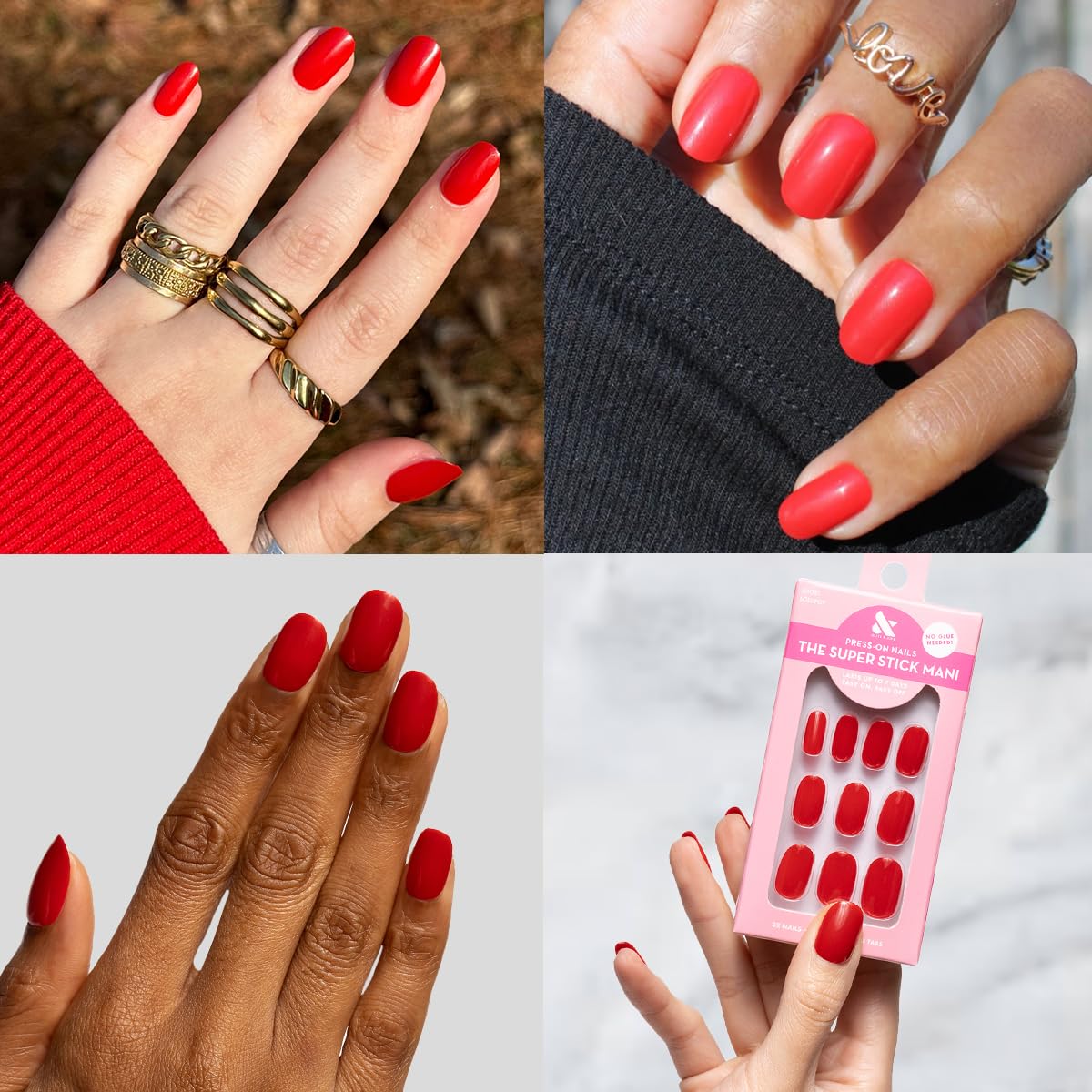 Olive & June Classic Super Stick Mani Press On Nails | No Glue Needed | 32 Tab Nails 16 Sizes | Non-Toxic Tabs Easy On-Off Non-Damaging Realist Look | 7-Day Wear | Short, Round| Lollipop Cherry Red