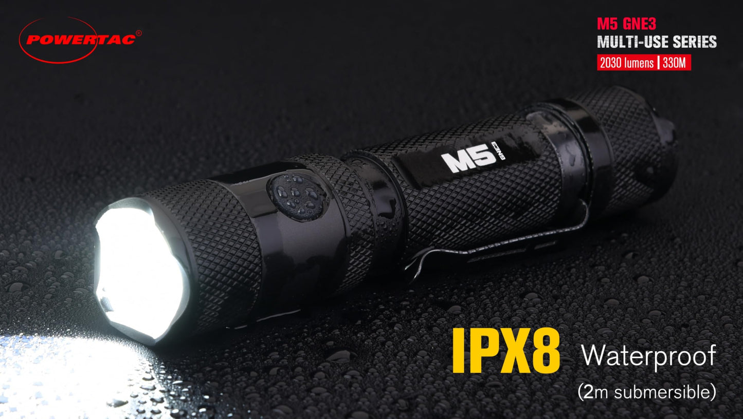 PowerTac M5-G3 2030 Lumens Rechargeable Tactical Flashlight, 330M Throw with Magnetic Charging and Dual Switch, LED Flashlight for Outdoor Emergency