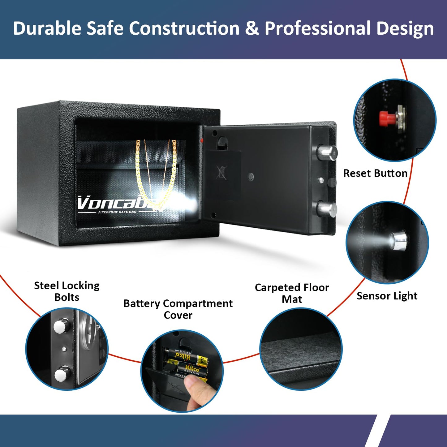 Voncabay Money Safe Box for Home with Sensor Light & Fireproof Money Bag - 0.23 Cubic Feet Security Safe Box with Digital Keypad, Keys & Pass Code Lock, 9.05" W x 6.69" D x 6.69" H, Black