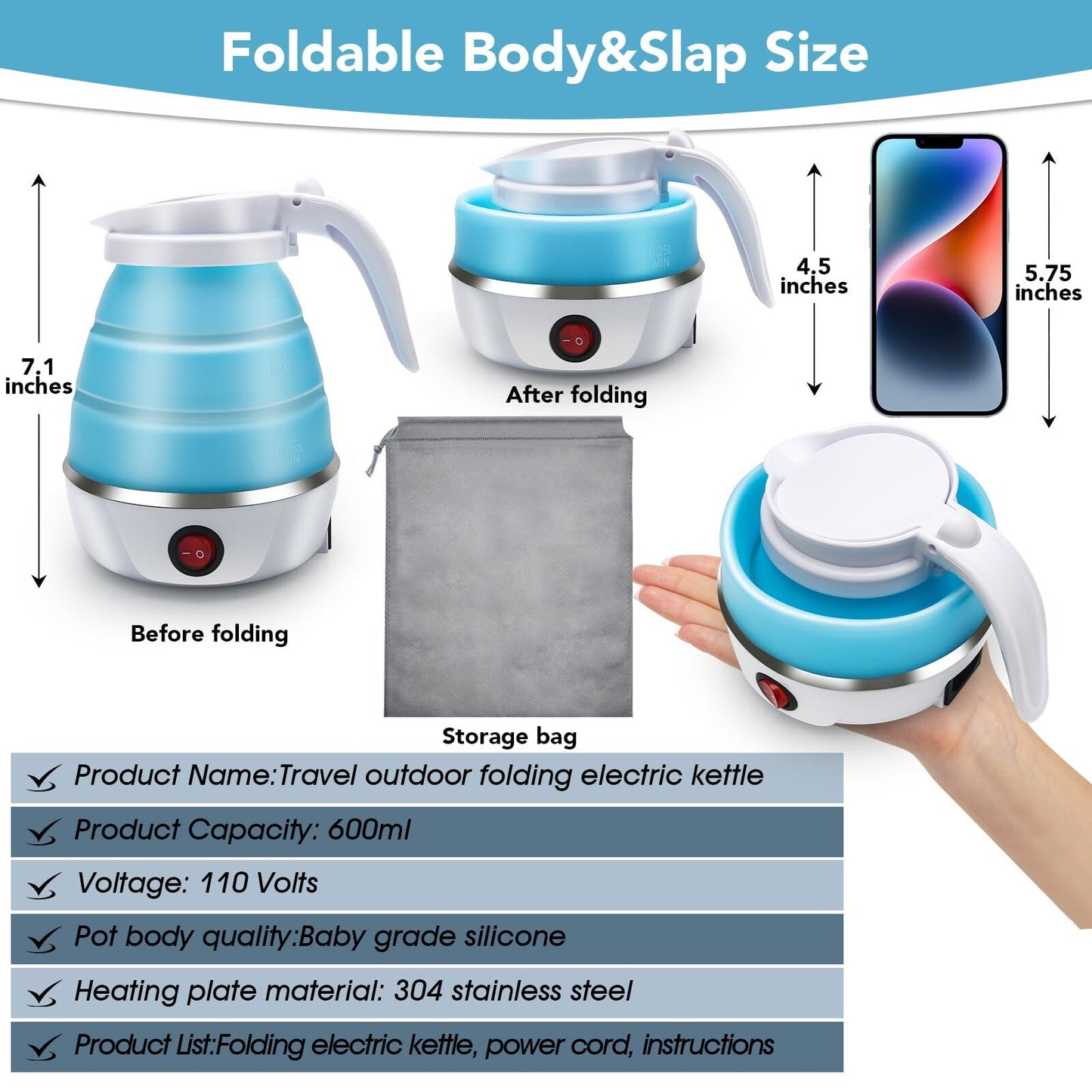 Travel Kettle Electric Small Foldable Portable Kettle,Silicone Collapsible Heating Water Boiler Tea Pot for Camping,Easy for Storage with Separable Power Cord (Blue pro)