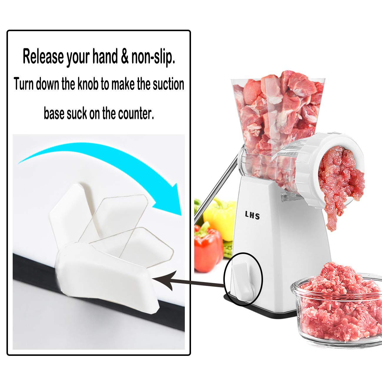 LHS Manual Meat Grinder with Stainless Steel Blades Heavy Duty Powerful Suction Base for Home Use Fast and Effortless for All Meats-White