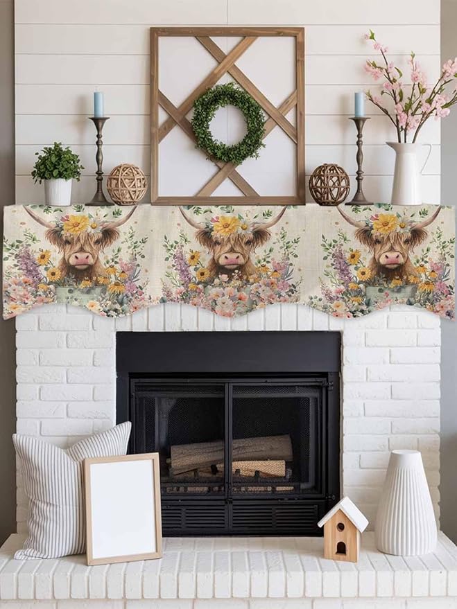 Spring Cow Floral Fireplace Mantel Scarf Table Runner, Green Eucalyptus Leaves Linen Winter Garland Mantel Top Tablerunners Dresser Scarves Cover Decorations for Windows Party Living Room 70''x17''