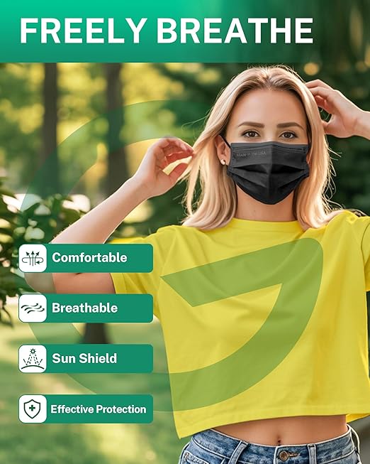 Disposable Face Masks Made in USA, 4 Ply for Families, Students, Breathable All-Day Wear & Safety, FSA HSA Eligible, ASTM Level 3 Medical Grade, 100 Pack Individual Wrap, Black