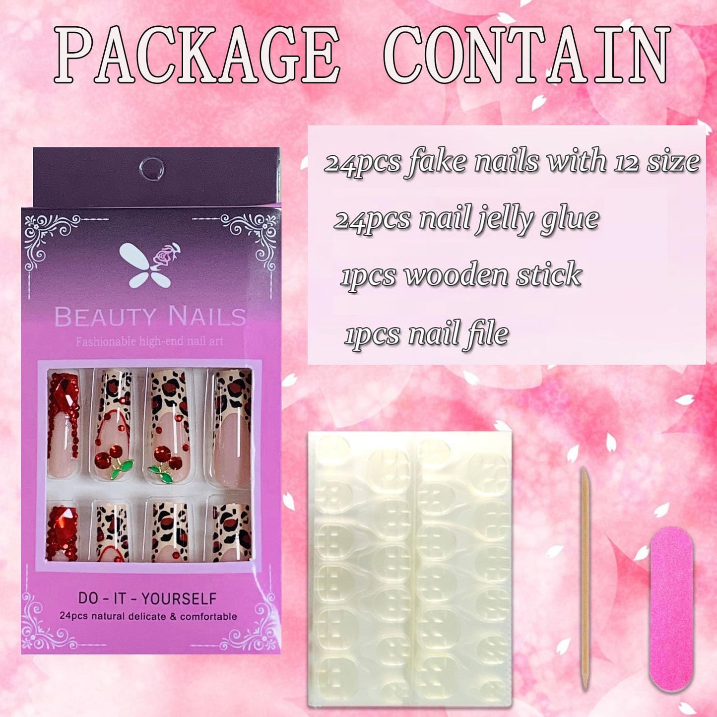 FIEONCIY Press on Nails Coffin Long Length Acrylic Glossy Full Cover Square Shaped French False Nails with Designs Artificial Extra Long Fake Nails with Charms Glue ons Fingernails for Women(AA132)