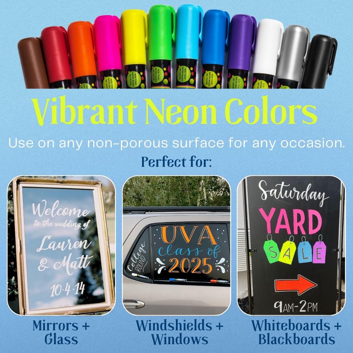 MoodClue Liquid Chalk Markers Neon 12 Pack. Bold Wet & Dry Erase Marker Pens. Erasable and Washable Chalkboard Markers for Windows, Mirrors, Glass, Whiteboards. Reversible Thick and Fine Tip.