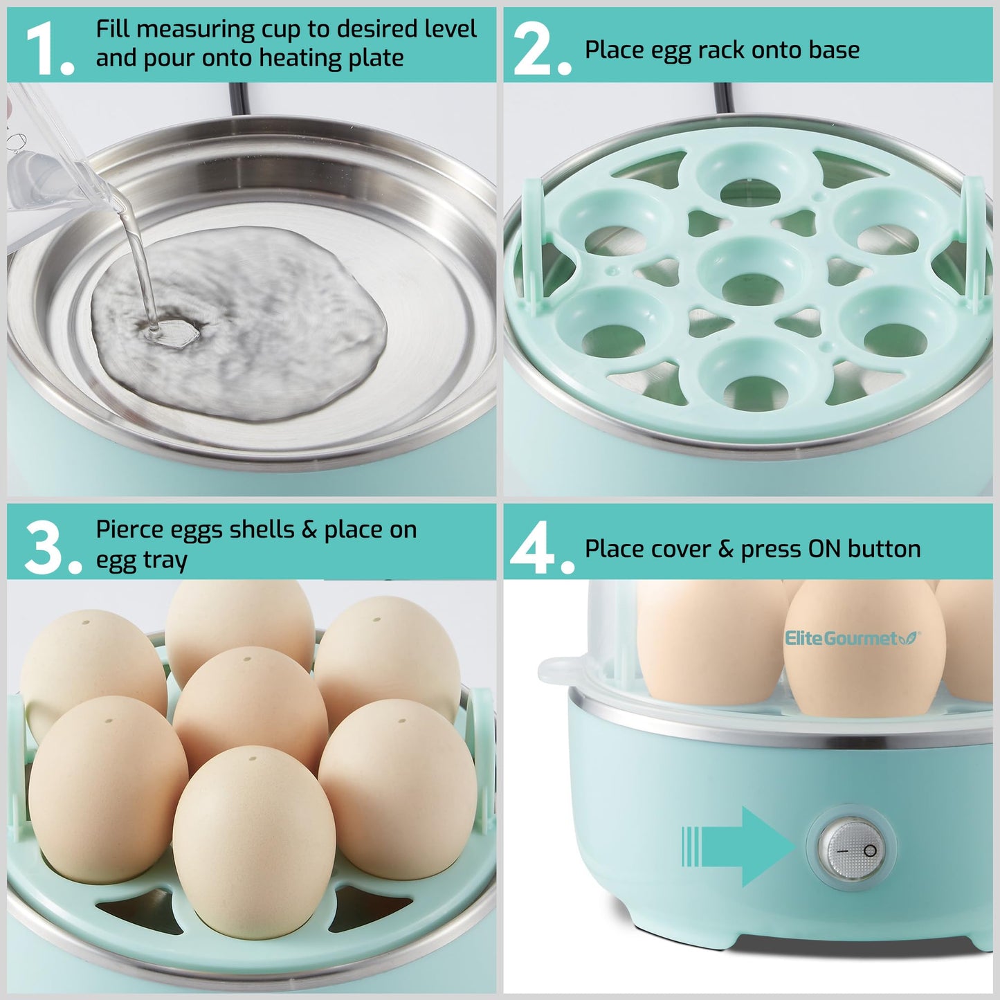 Elite Gourmet EGC115M Easy Egg Cooker Electric 7-Egg Capacity, Soft, Medium, Hard-Boiled Egg Cooker with Auto Shut-Off, Measuring Cup Included, BPA Free, Retro Mint