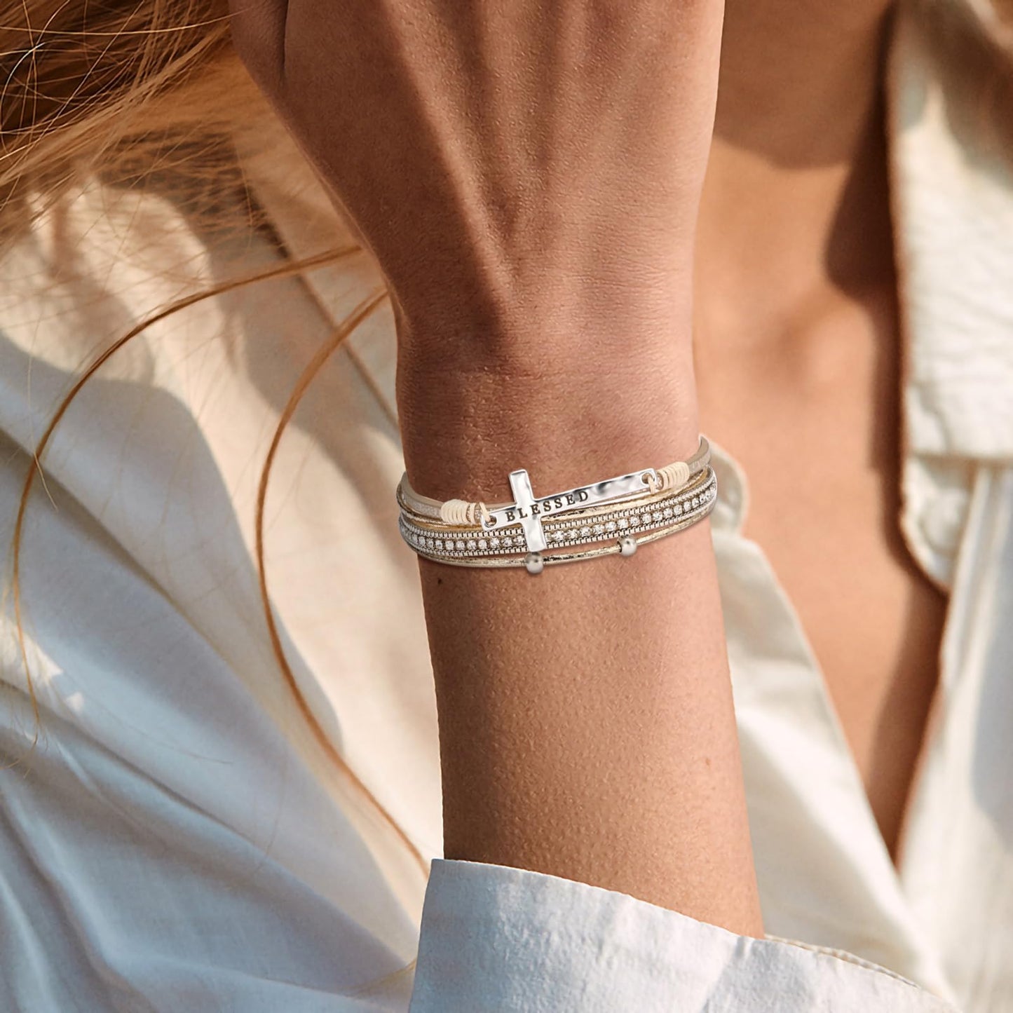 Leopard Bracelet for Women, Boho Leather Wrap Multi-Layer Pearl Crystal Bracelet Bangle Jewelry (Blessed Cross(Khaki))
