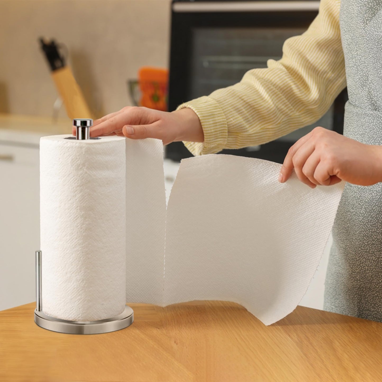 Steelware Central Paper Towel Holder with Side Rod, Stainless Steel, Easy Tear Dispenser for Home Kitchen Countertop Tabletop (Silver)