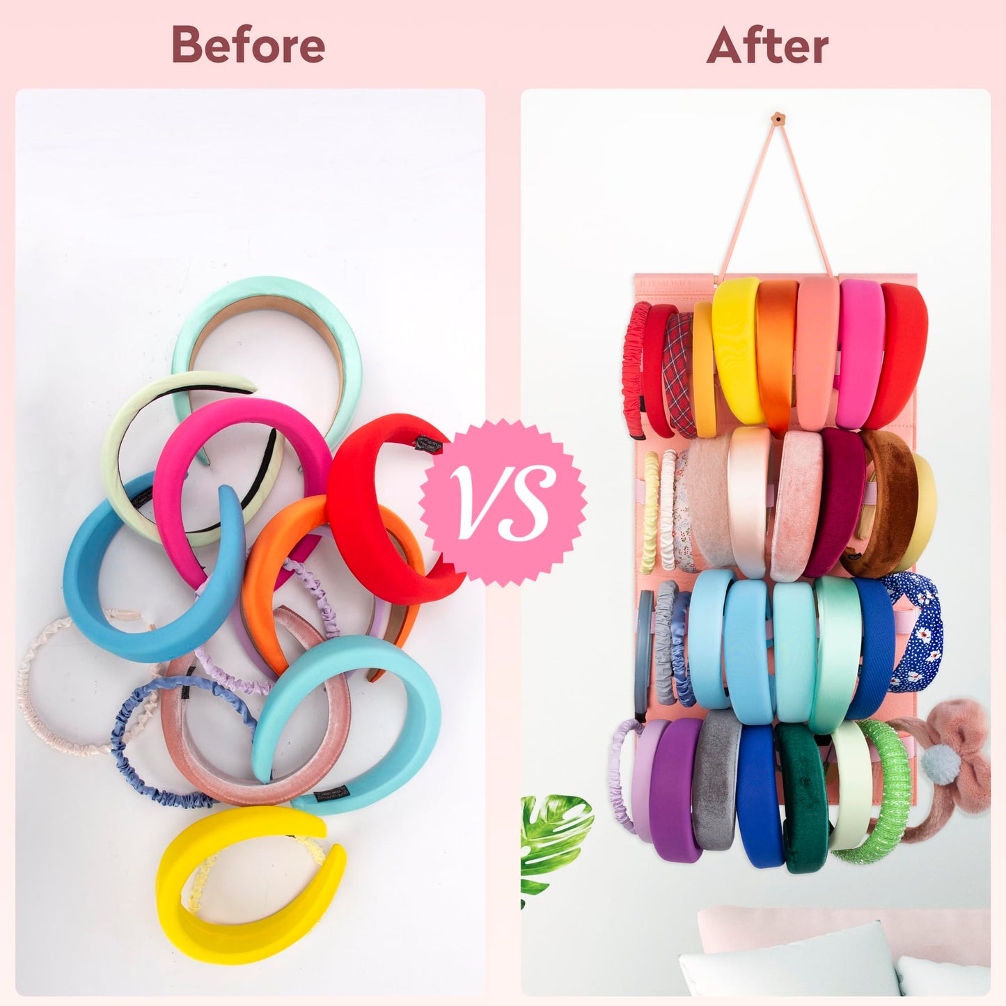 JOYMOMO Hanging Headband Holder for Girls, Felt Headband Organizer with 40 Slots (Pink)