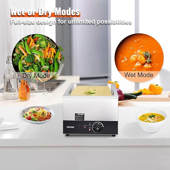 VEVOR Commercial Food Warmer 24QT Bain Marie 1200W Electric Buffet Warmer Steam Table Food Warmer Countertop Stainless Steel Food Warmer Wet or Dry Use for Parties, Catering and Restaurant