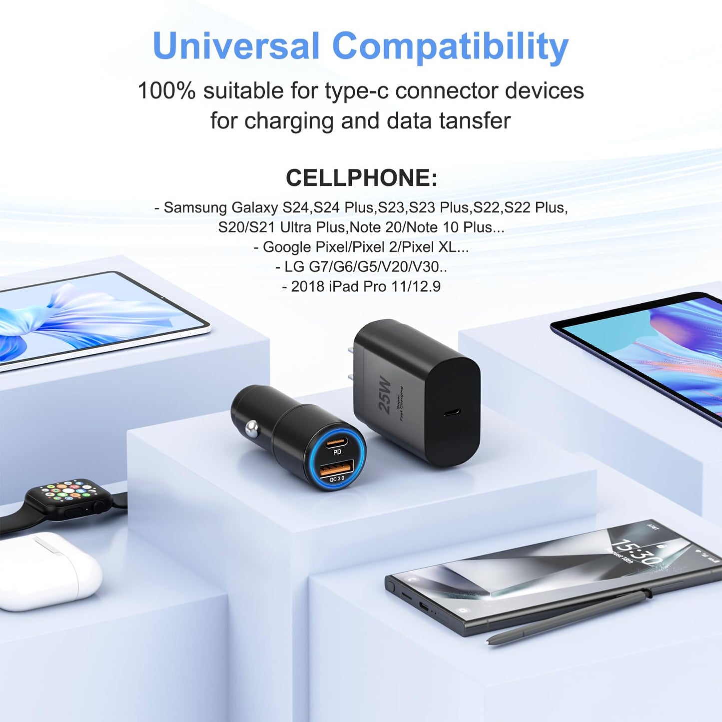 Samsung Super Fast Charger Type C Kit,25W PD USB C Wall/Car Charger for Samsung Galaxy S26/S25/S24/S23/S22/Plus/Ultra/FE/Note 20/10/A71,2020/2018 Pad Pro/Air,with 2X USB C-to-C Cable(6.6ft)