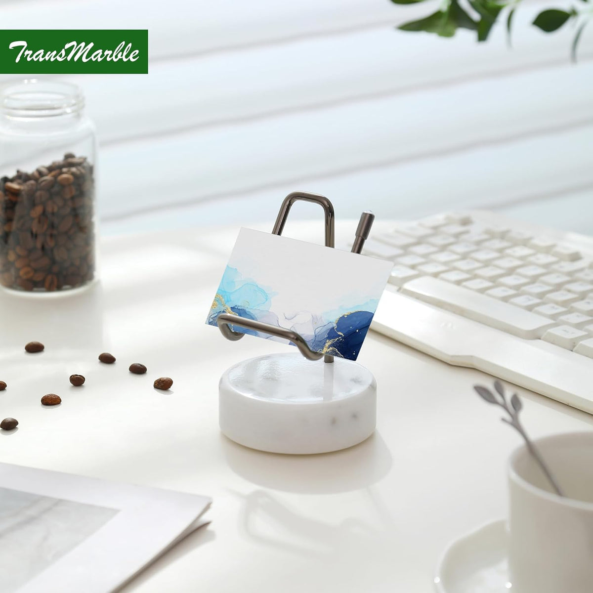 Marble Phone Stand with Metal Holder, Charging Available While Using, Swipe Up to Unlock, Made of Natural Marble as Business Card Holder for Office Desk (Starry White + Black)