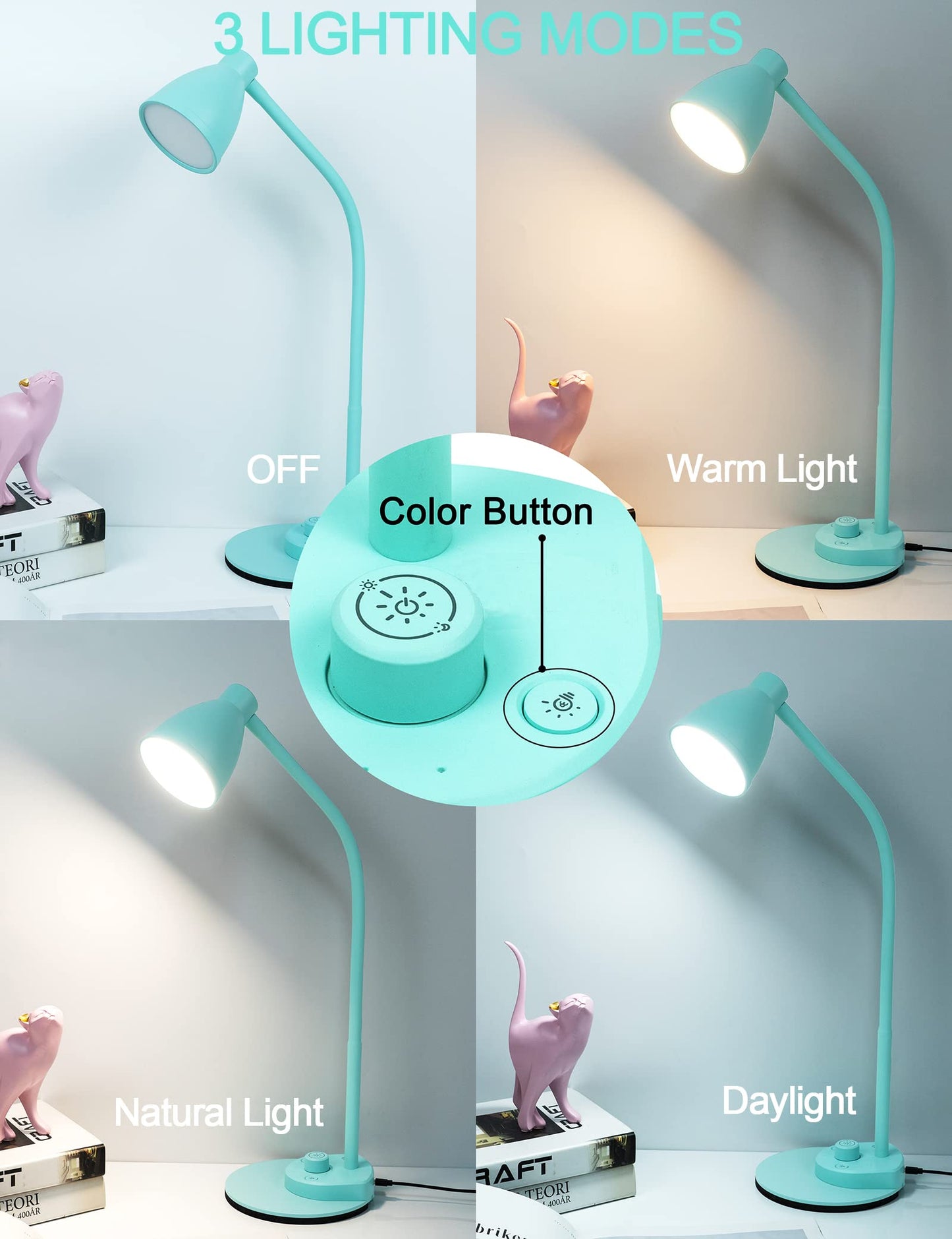 BOHON LED Desk Lamp with USB Charging Port, 3 Color Modes Fully Dimmable Reading Lamp, Auto Dimming Task Lamp, Flexible Neck Table Light for Office Dorm Bedside, Adapter Include, Teal