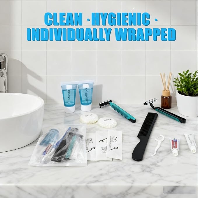 30 Pack Hygiene Kits for Homeless in Bulk, 8-in-1 Personal Toiletry Kit Individually Packed with Toothbrush, Toothpaste, Comb, Flossers,Shampoo, Soap, Razor & Shaving Cream