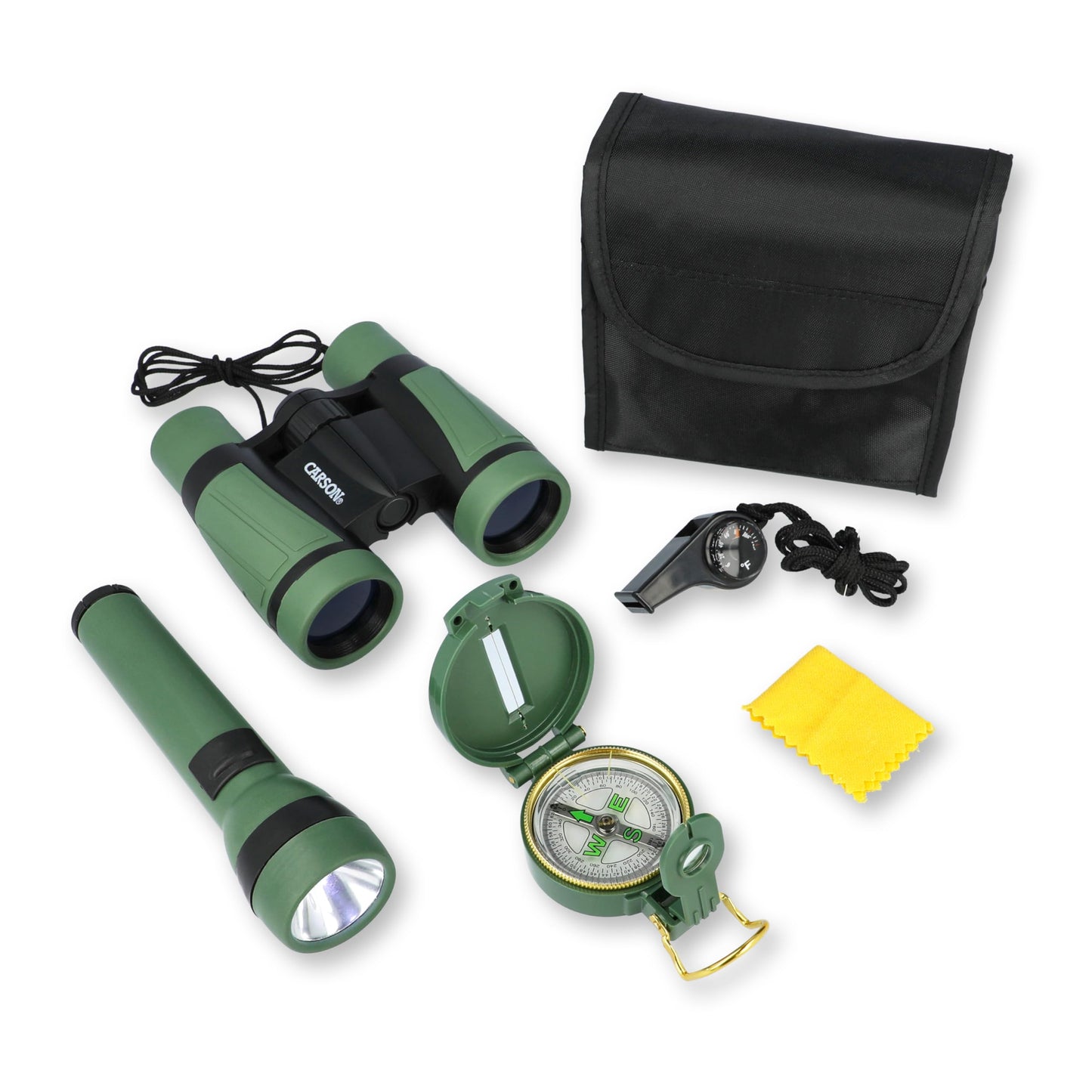 Carson AdventurePak Containing 30mm Kids Field Binoculars, Lensatic Compass, Flashlight and Signal Whistle with a Built-in Thermometer (HU-401), Multicolor
