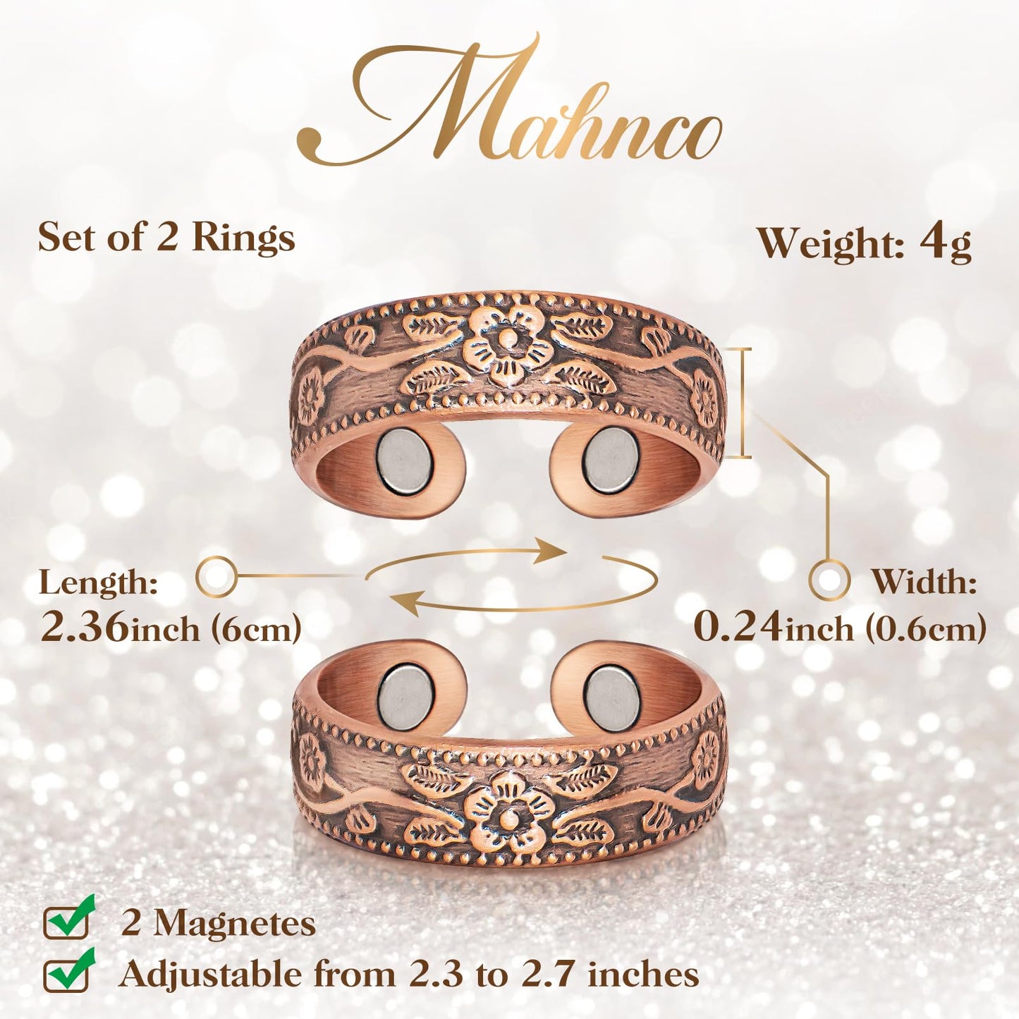 Lymphatic Drainage Therapeutic Magnetic Ring: Copper Rings with 3500 Gauss Magnets for Women Men Pain Relief, Magnetic Lymph Detox Ring 100% Solid Pure Copper Jewelry Gift (2PCS)